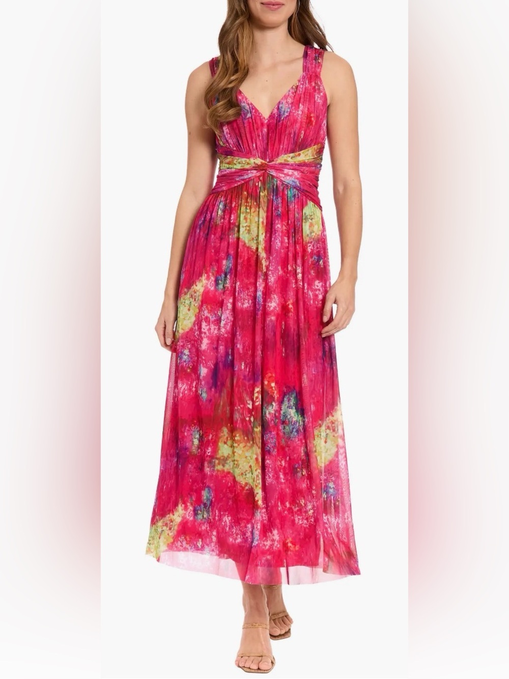 London Times V-Neck Twist Front A-Line Maxi Dress